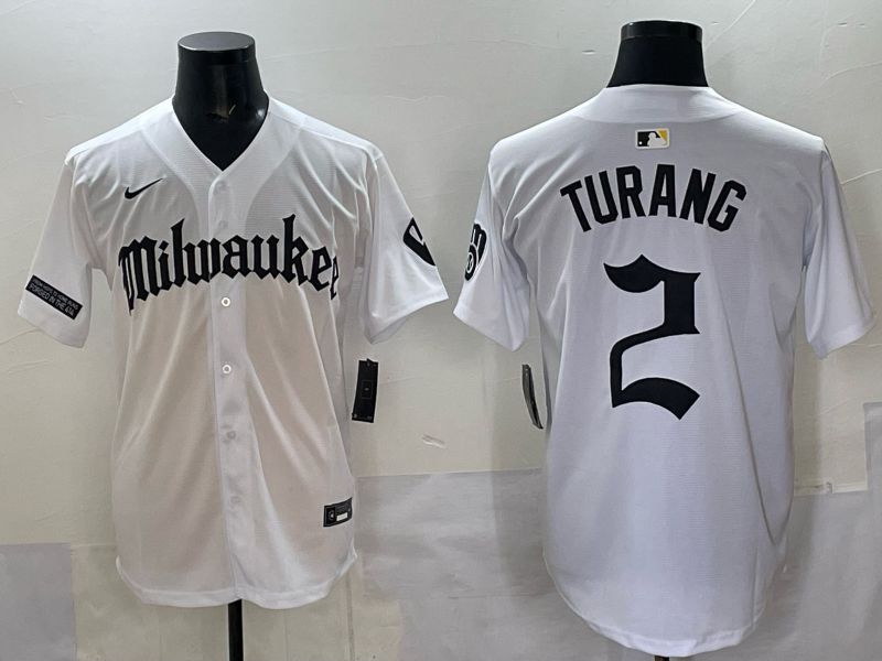 Men 2025 Milwaukee Brewers #2 Turang White Five generations Joint Name Nike MLB Jersey style 1